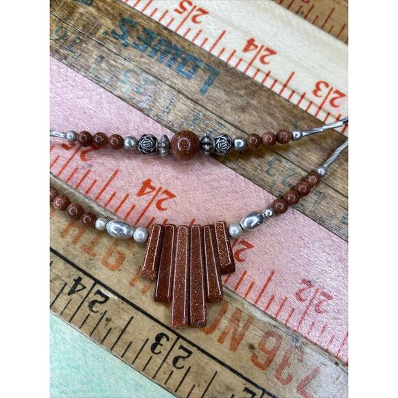 Vintage Double Strand Silver Tone Rose Flower 20” Beaded Necklace Goldstone - Picture 5 of 8